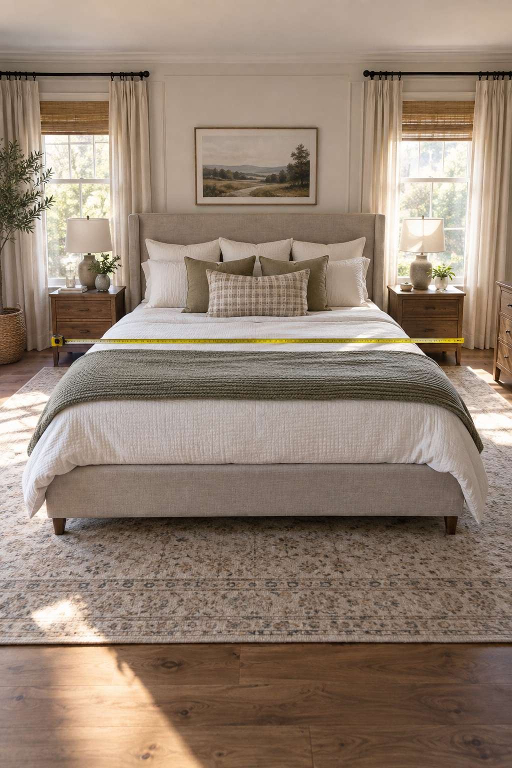 Measuring walking space around a bed before buying furniture