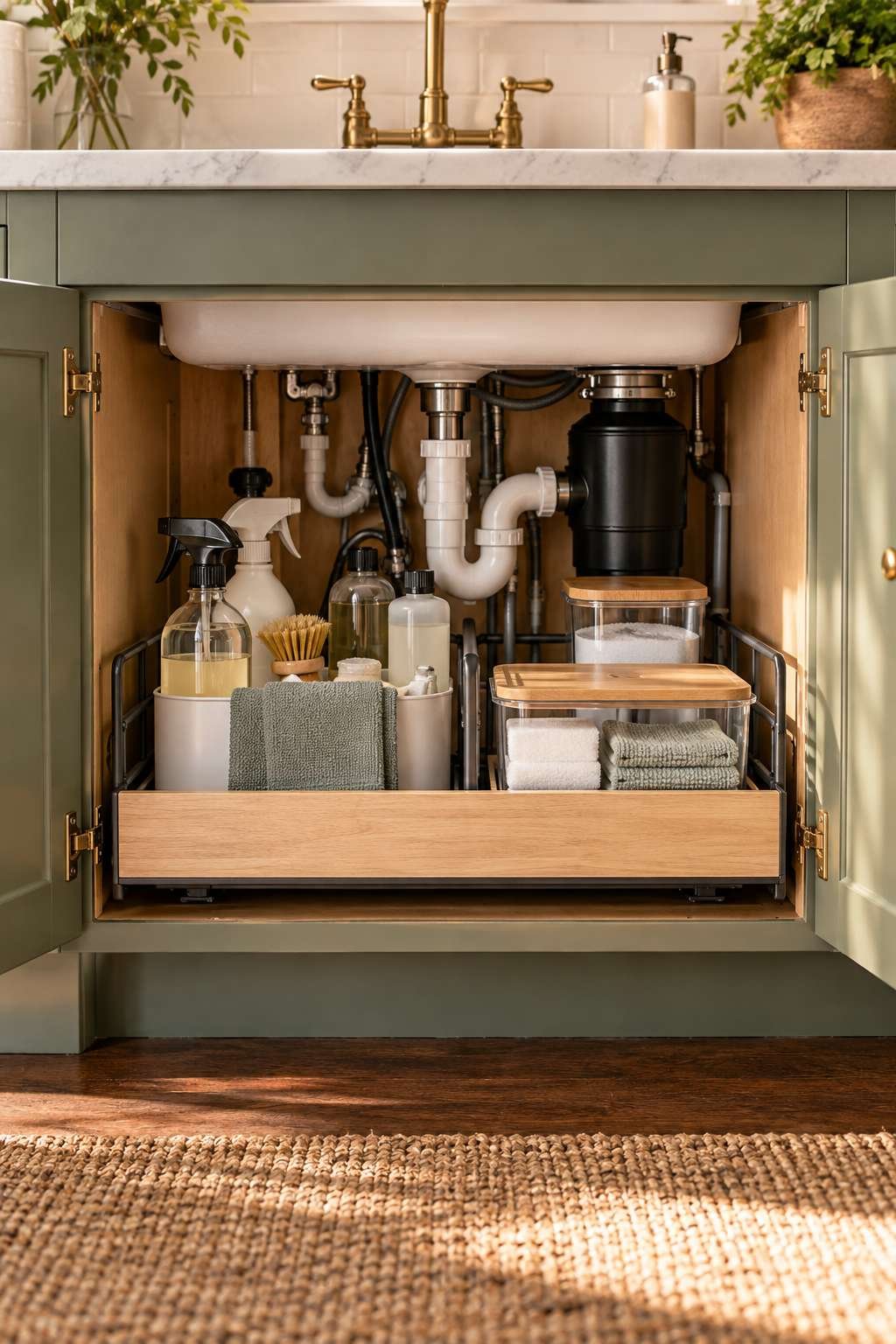 Under-sink bathroom cabinet organized with a pull-out caddy around plumbing