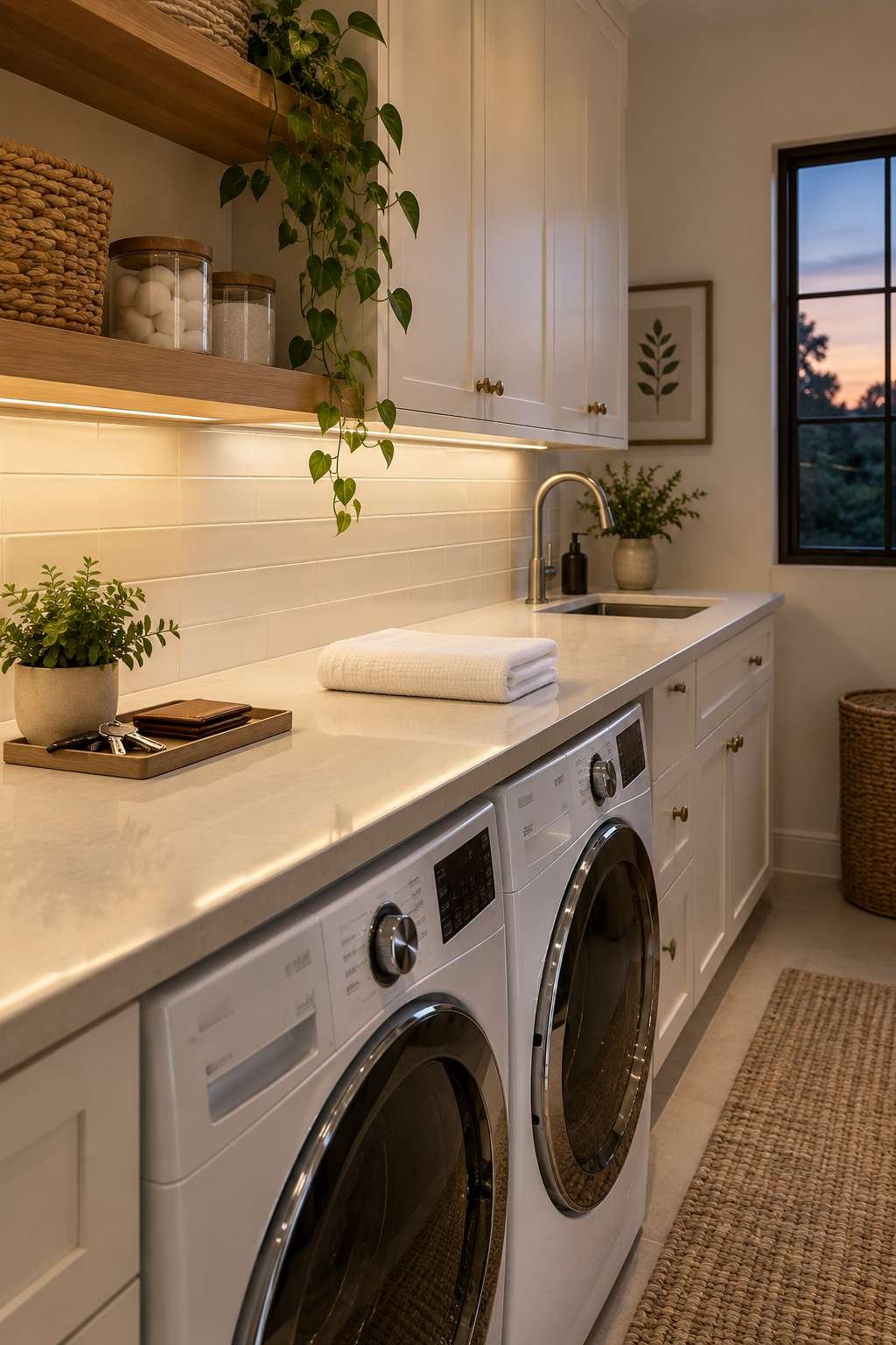 Clutter-free laundry room countertop with a small tray