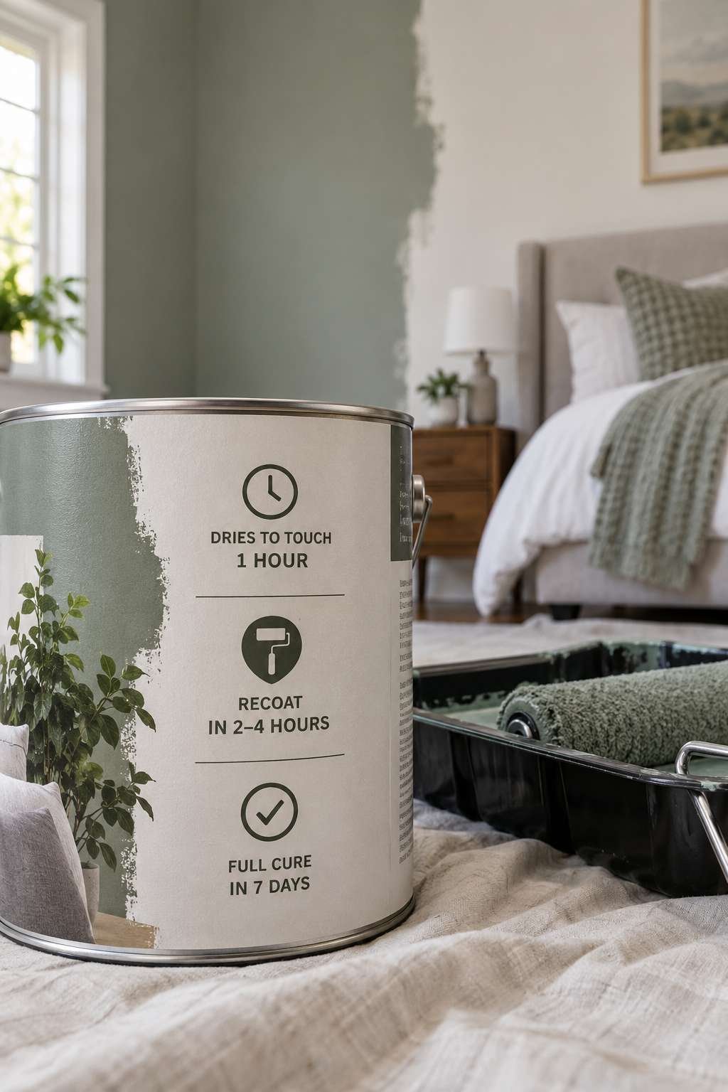 Paint can label with drying time next to a partially painted wall