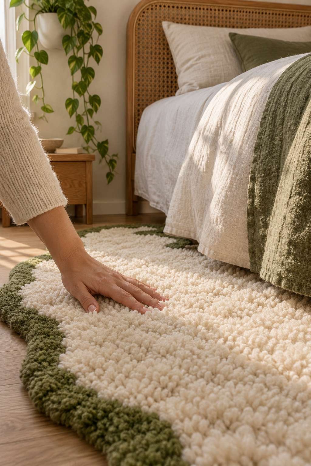 Hand touching a plush wool rug beside a bedroom bed