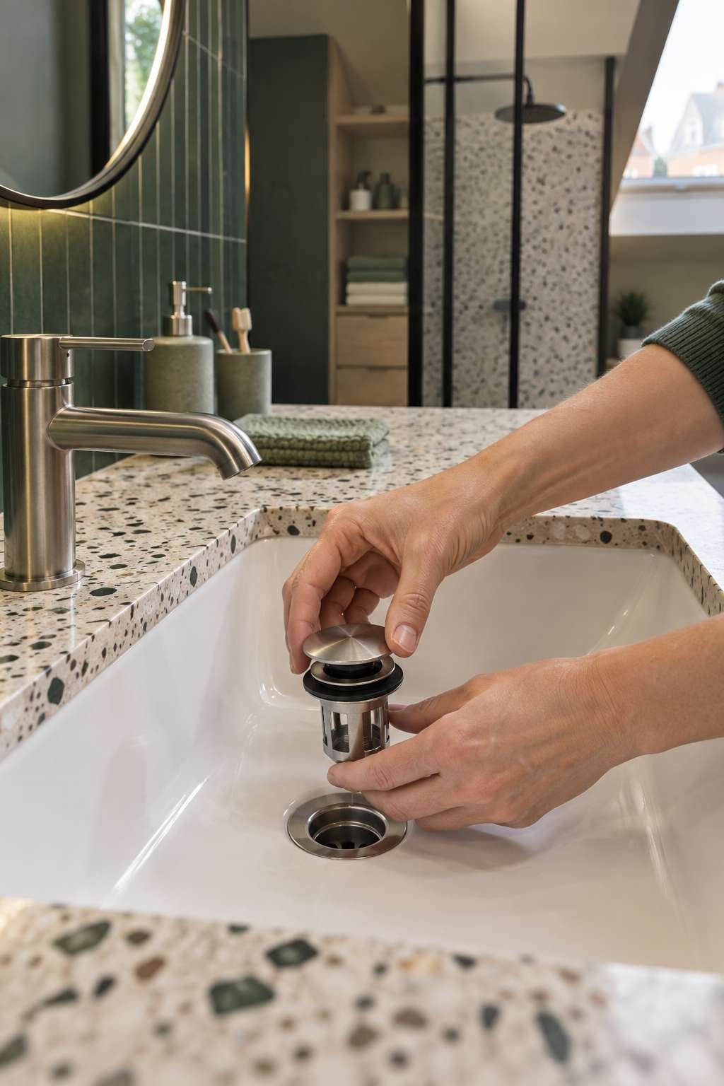 Reinstalling a cleaned stopper into a bathroom sink drain