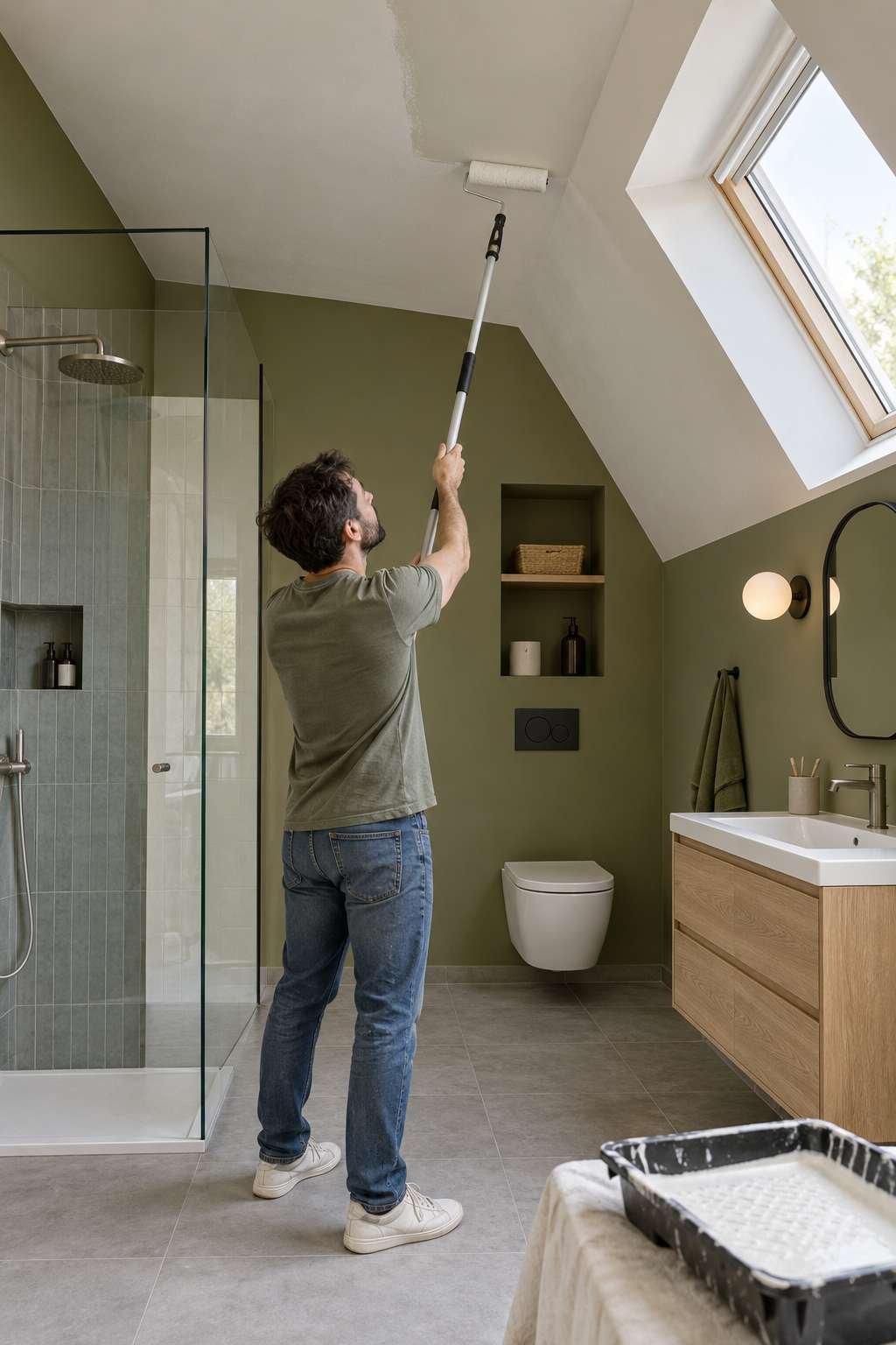 Repainting a bathroom ceiling with a roller and extension pole