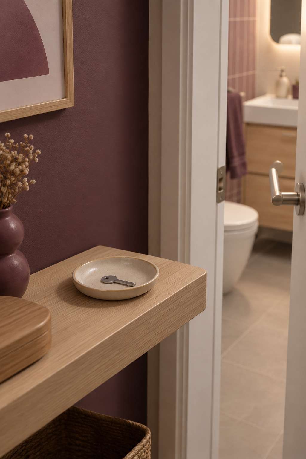 Small dish with a paperclip kept near the bathroom door for emergencies