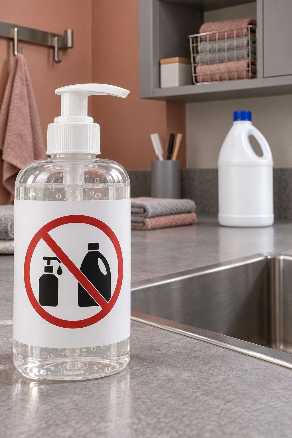 Sanitizer bottle kept separate from bleach on a laundry counter