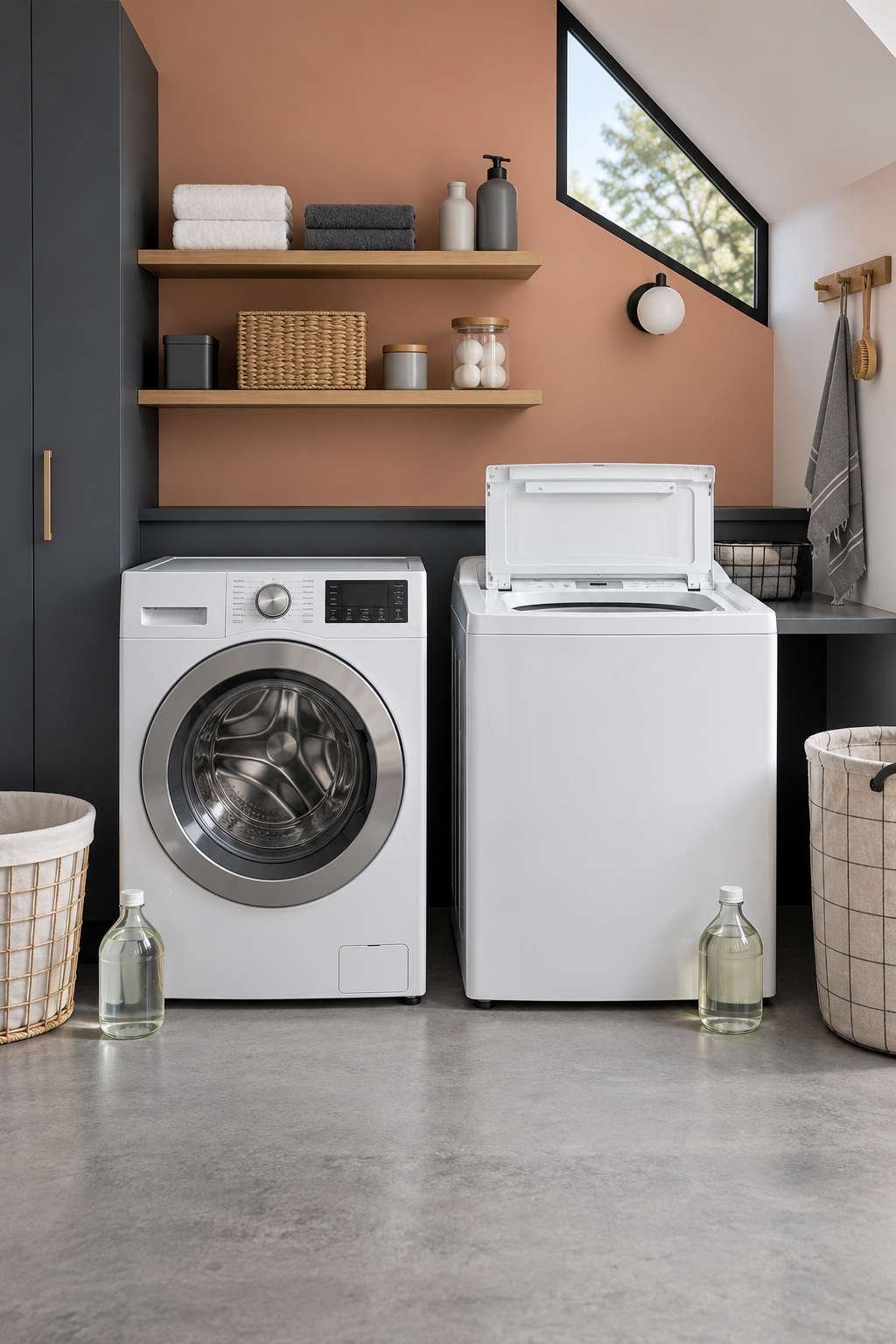 Front-load and top-load washing machines shown with vinegar for dosage comparison