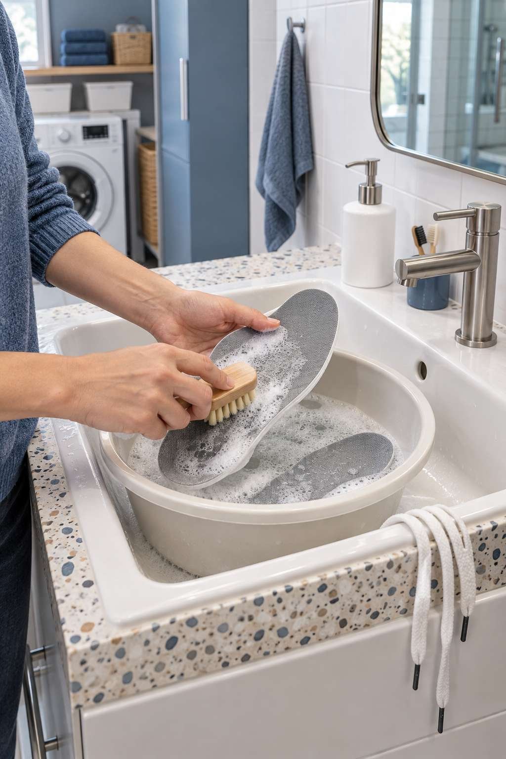 Hand washing foam shoe insoles with a soft brush