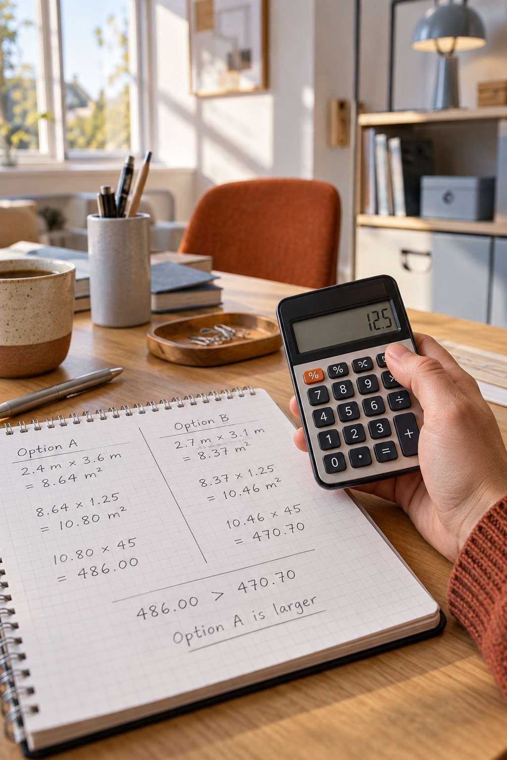 Double-checking a square footage calculation with a calculator