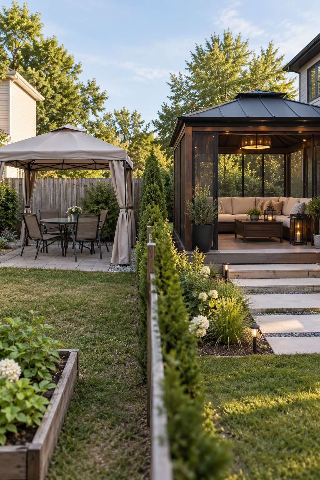 Budget soft-top gazebo compared to a premium custom hardtop gazebo