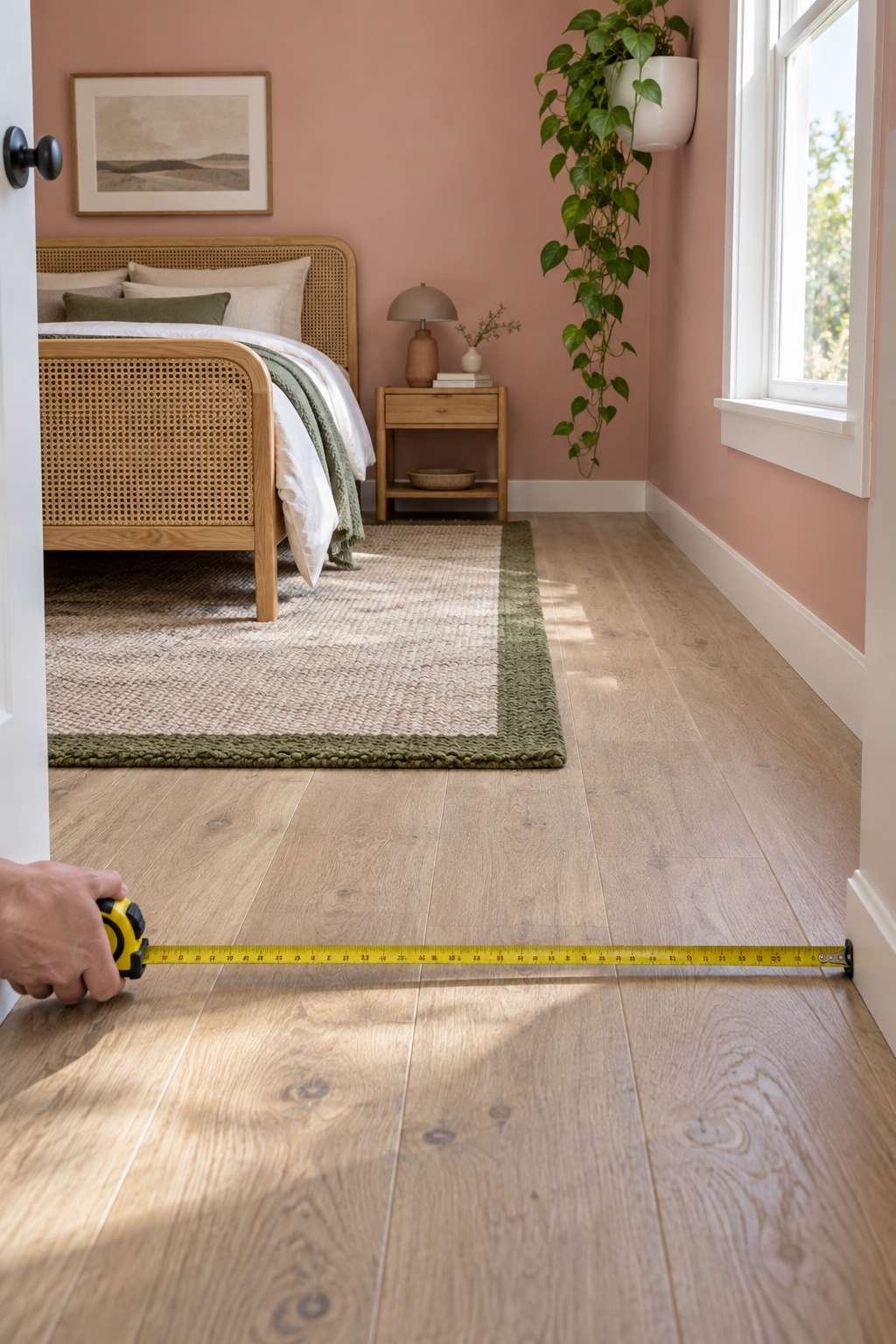 Measuring a bedroom floor with a tape measure to find square footage