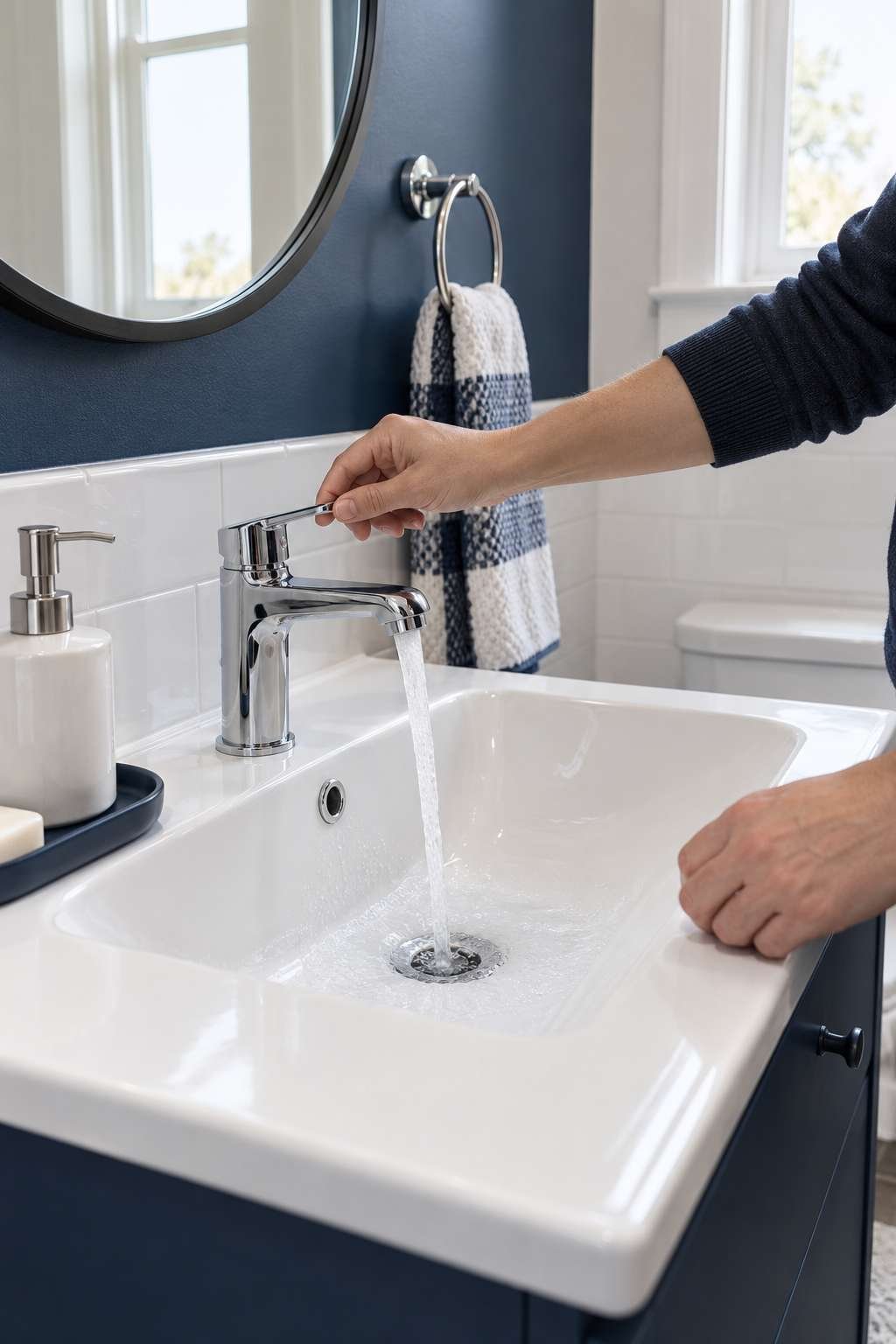 Running water into a bathroom drain to refill a dry trap