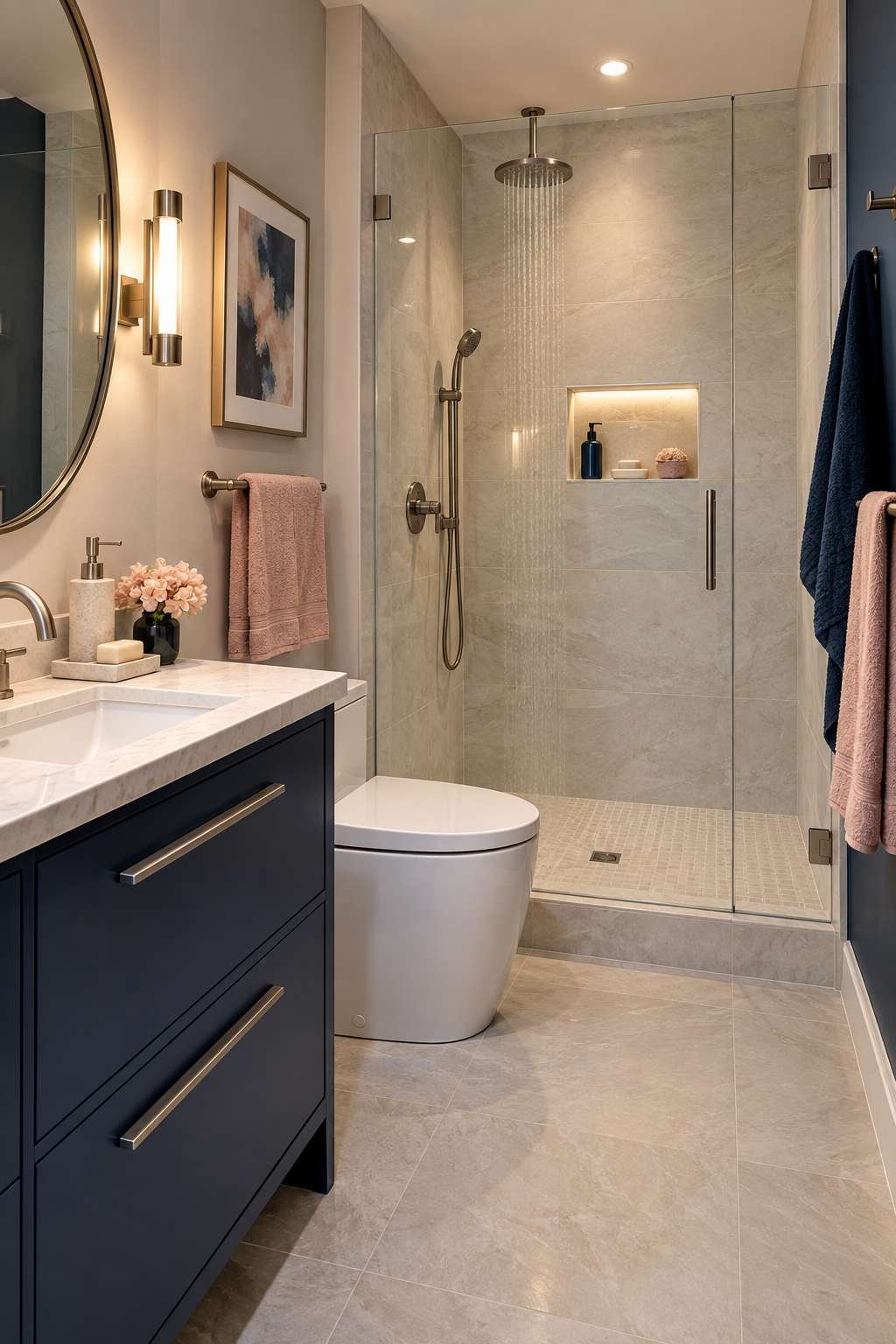 Spa-inspired 3/4 bathroom with frameless glass shower and rainfall showerhead