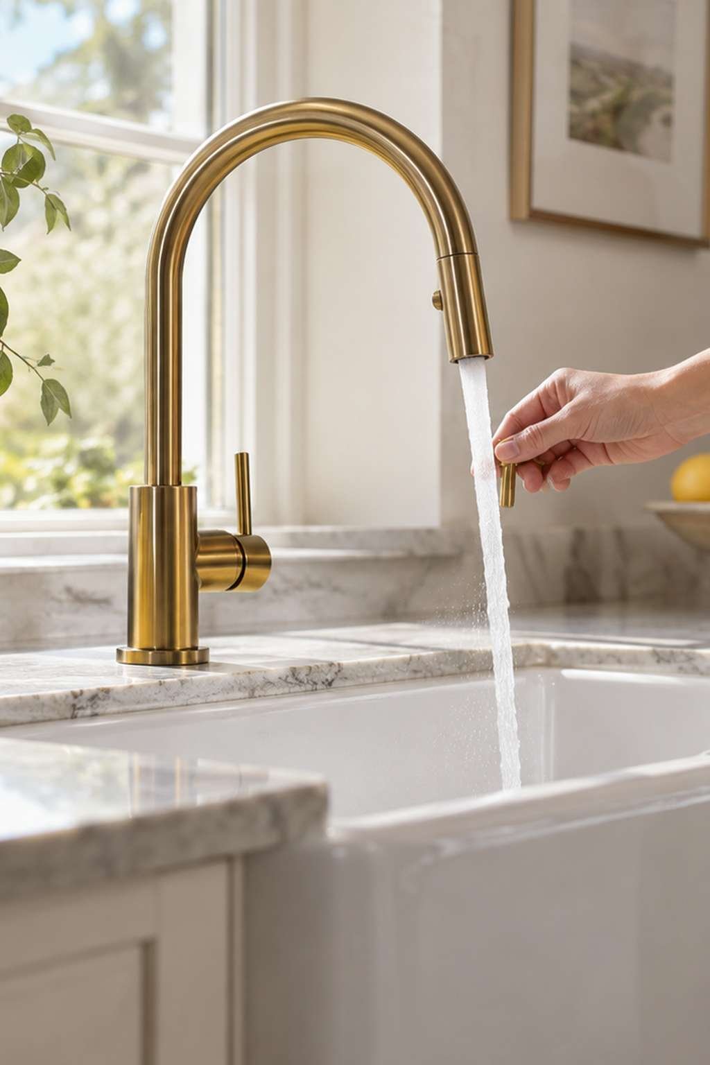 Water flowing from a newly installed brushed gold kitchen faucet