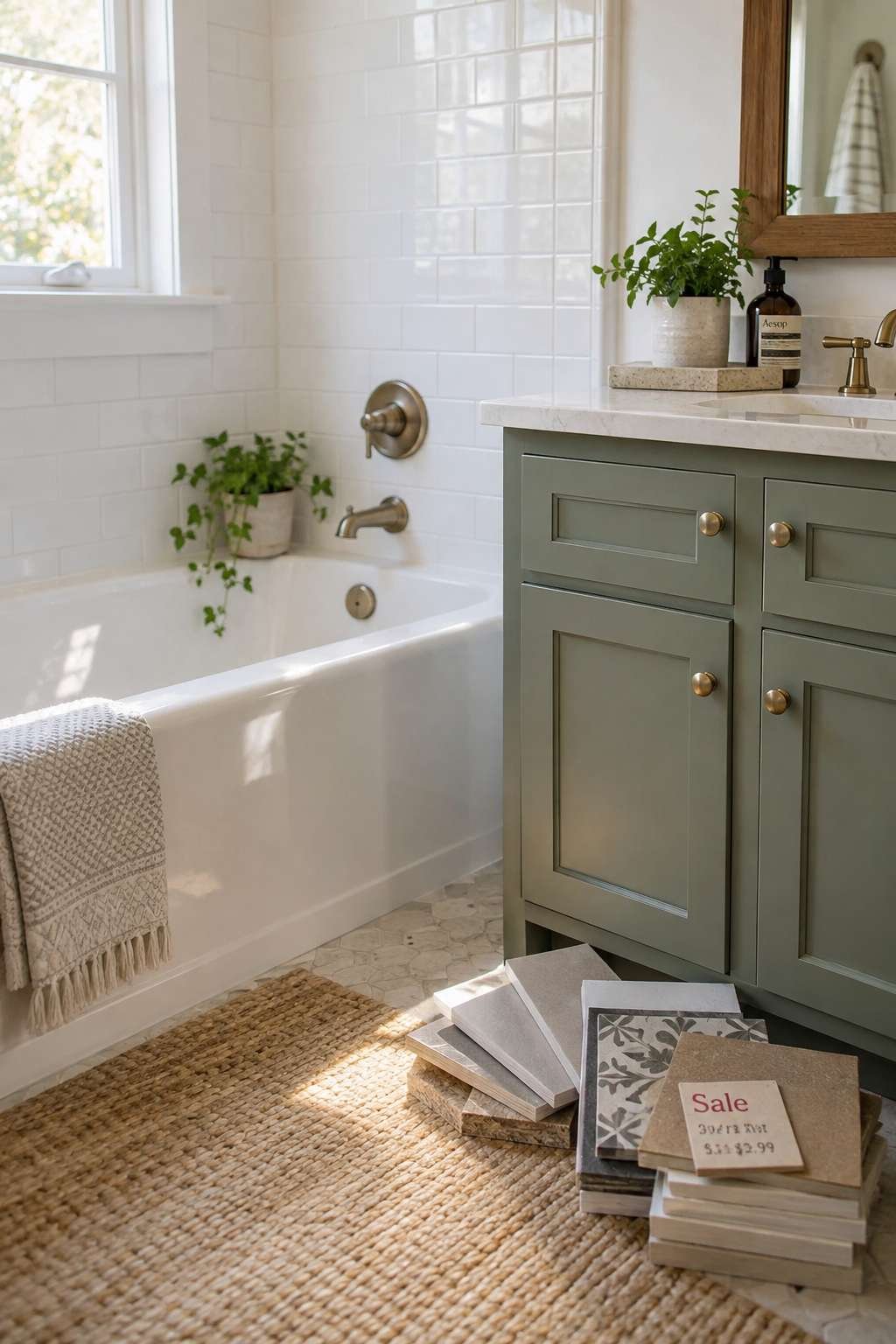 Refinished tub and painted vanity showing budget-friendly bathroom remodel ideas