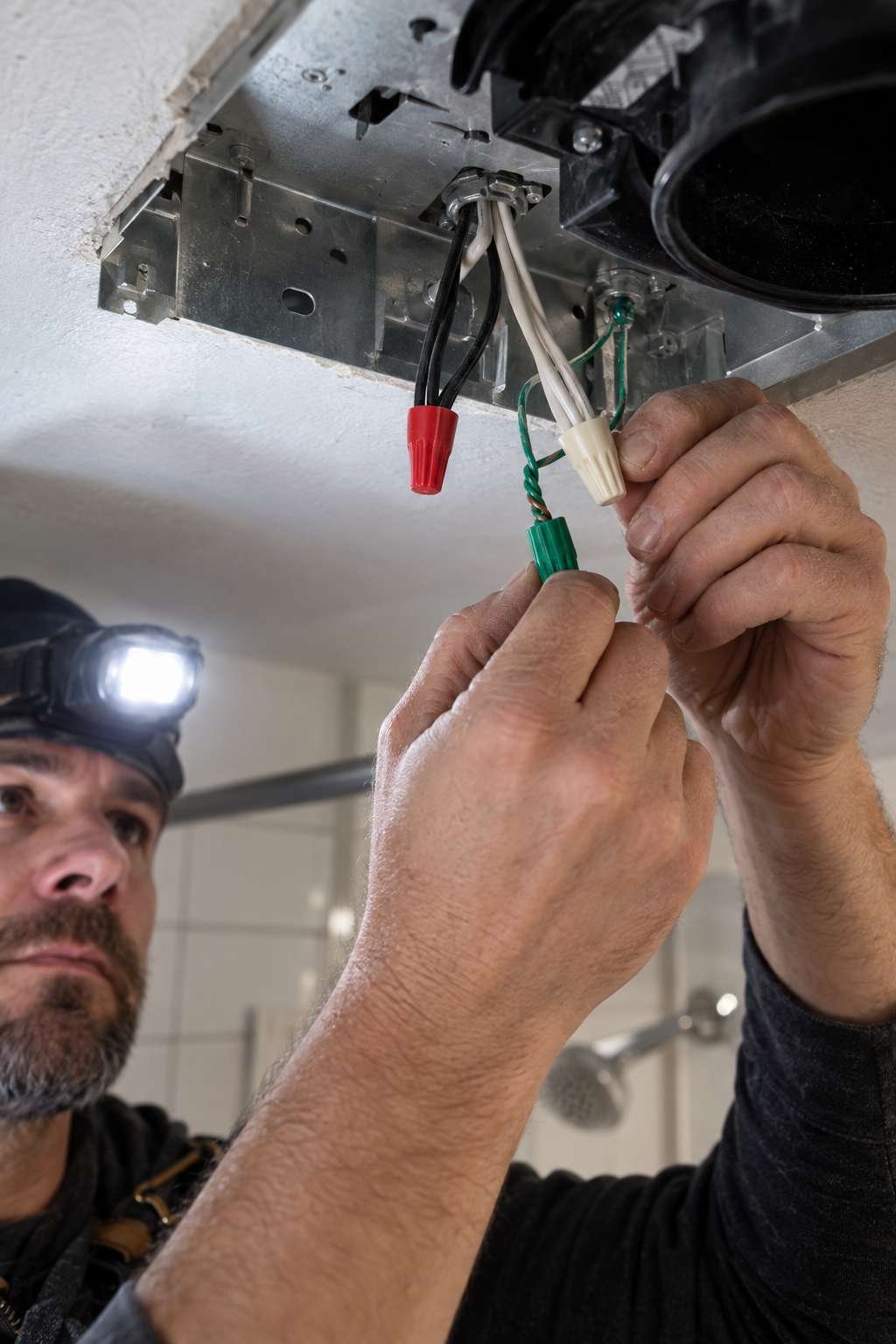 Wiring a bathroom exhaust fan junction box with color-coded connections