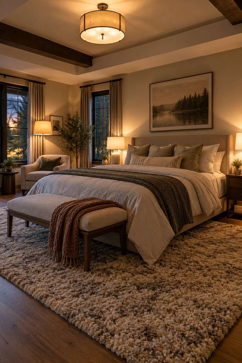 Bedroom with layered lighting from ceiling fixture, floor lamp, and nightstand lamps