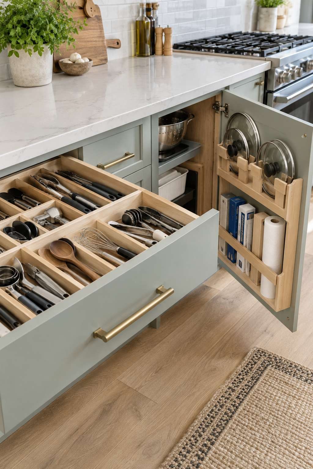 Kitchen drawer with dividers and a cabinet door rack holding lids and foil