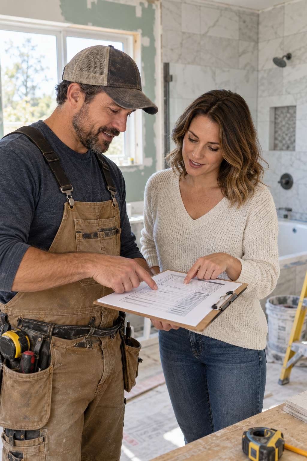 Contractor and homeowner reviewing an itemized bathroom remodel quote together