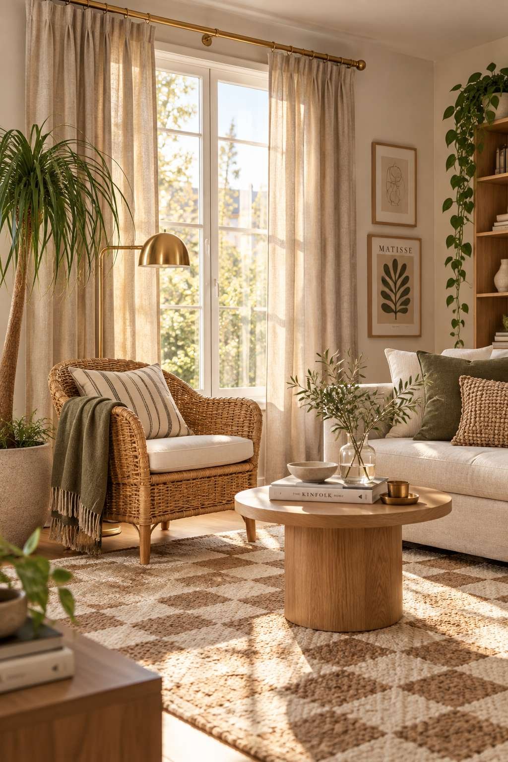 Linen curtains coordinated with furniture texture and brass hardware