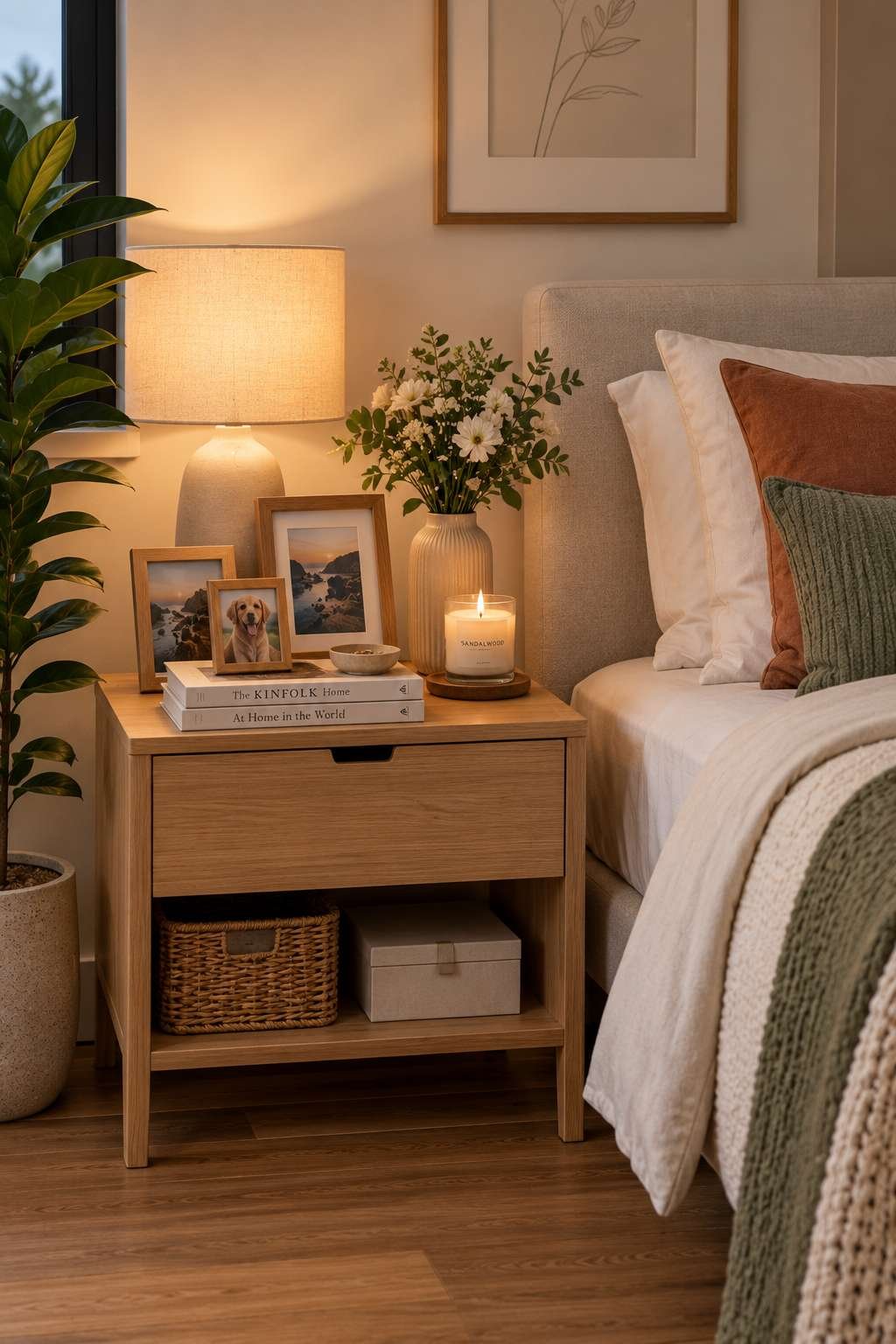 Personalized bedroom nightstand styling with photos and candle