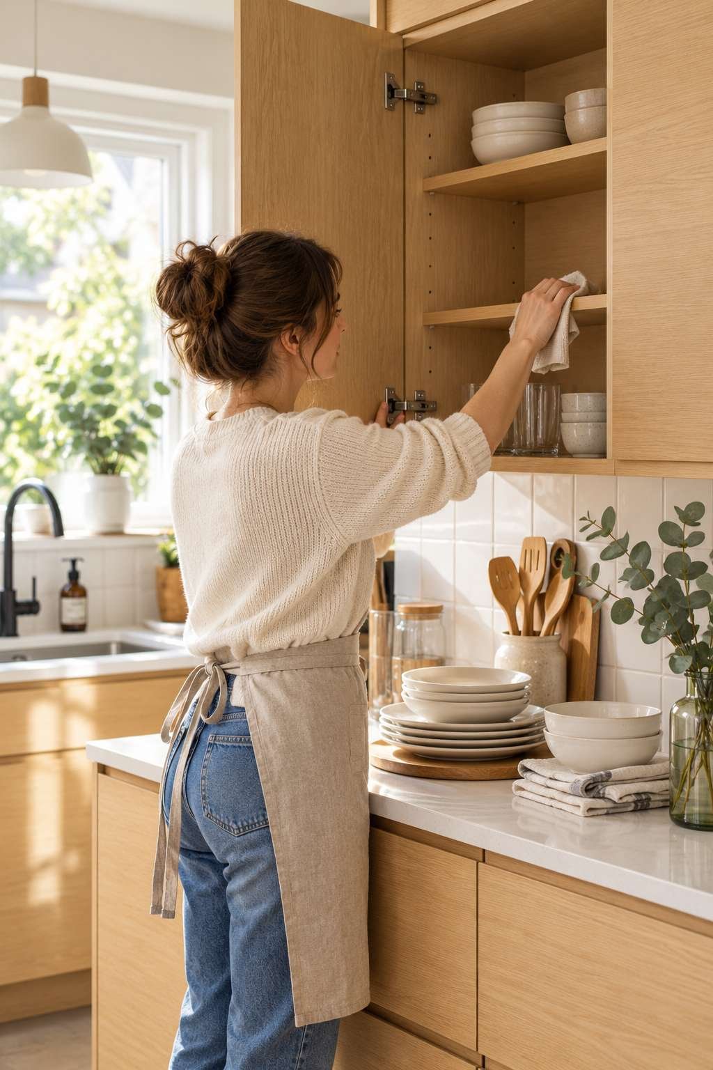 Cleaning the inside shelves of a wood kitchen cabinet