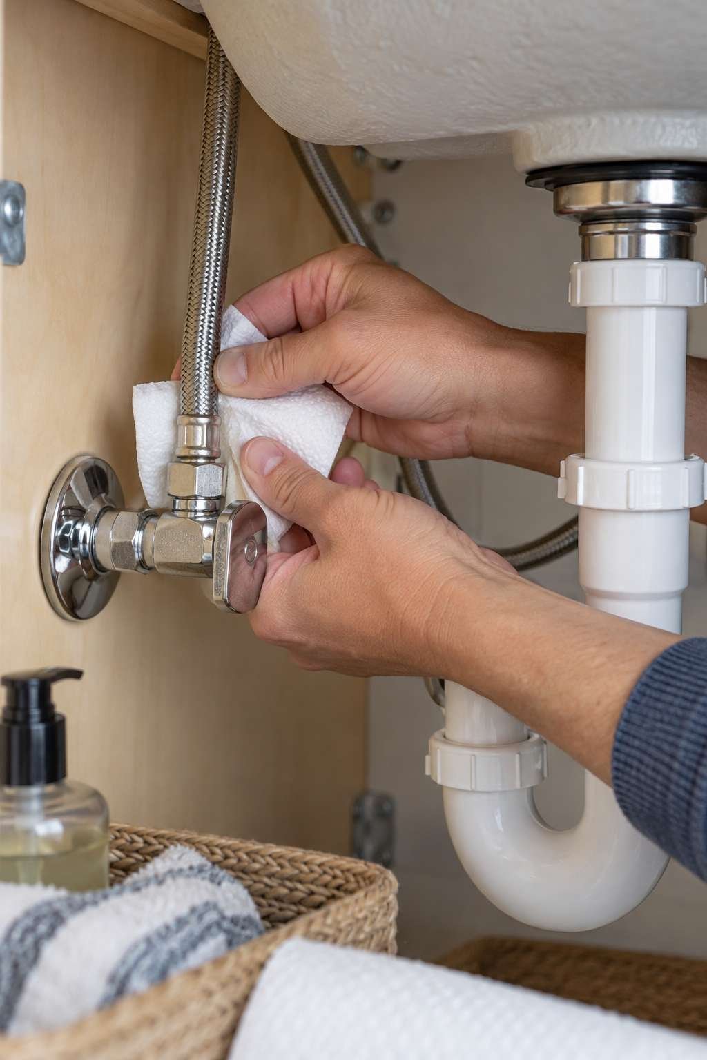 Checking a new bathroom faucet installation for leaks