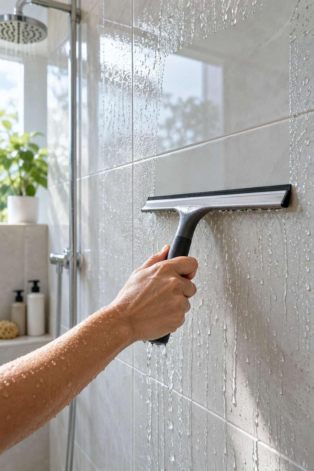 Squeegeeing shower tile after use to prevent buildup