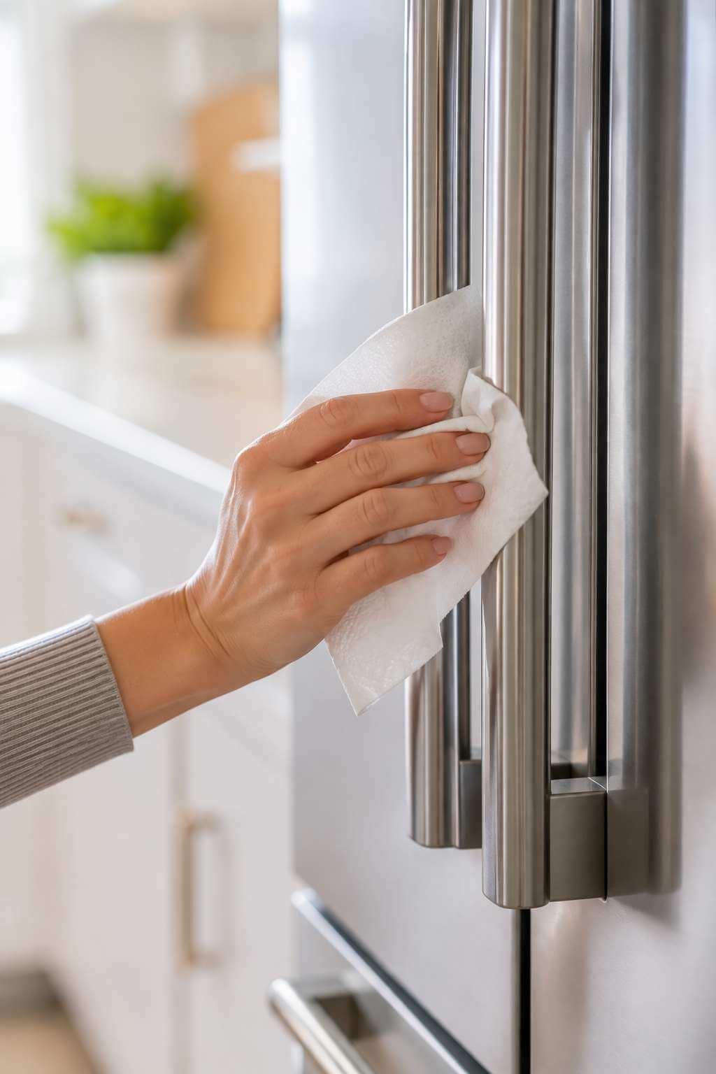 Hand disinfecting a refrigerator handle during a kitchen deep clean
