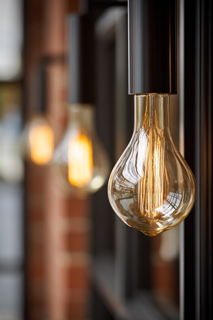 Black steel-framed glass bedroom door in a loft with exposed brick walls and Edison bulb pendants