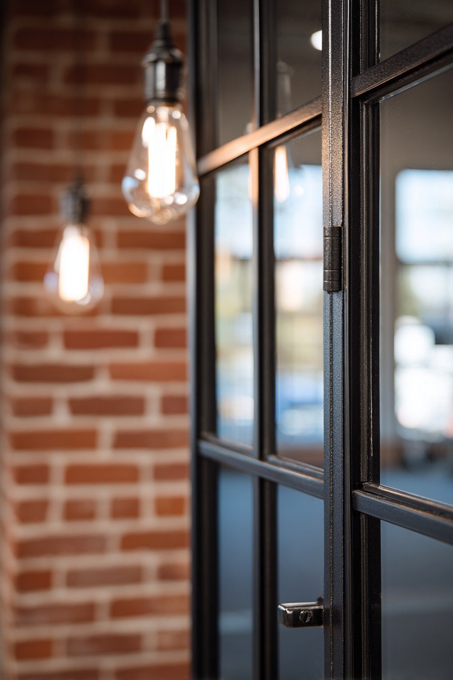 Black steel-framed glass bedroom door in a loft with exposed brick walls and Edison bulb pendants