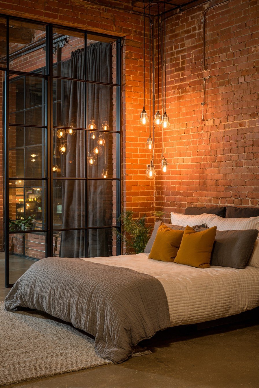 Black steel-framed glass bedroom door in a loft with exposed brick walls and Edison bulb pendants