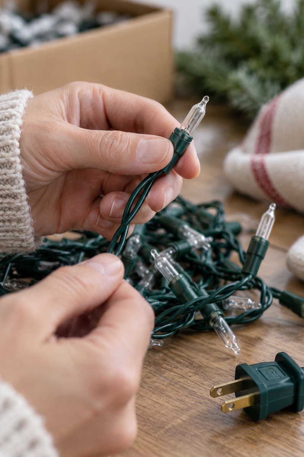 Inspecting Christmas lights for damage before use
