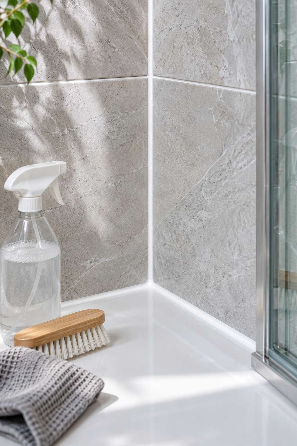 Clean mold-free caulk line in a bathroom shower corner