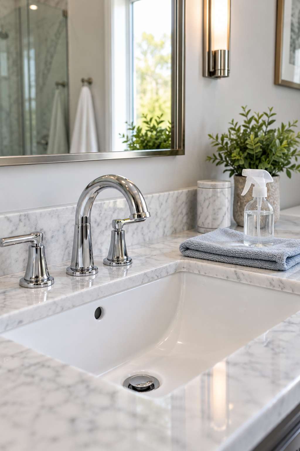 Clean bathroom sink and polished faucet on a modern vanity