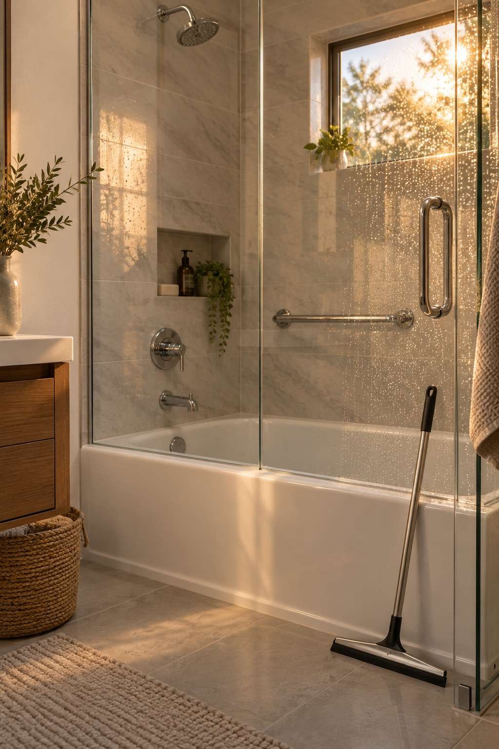 Sparkling clean glass shower and tub after a deep clean