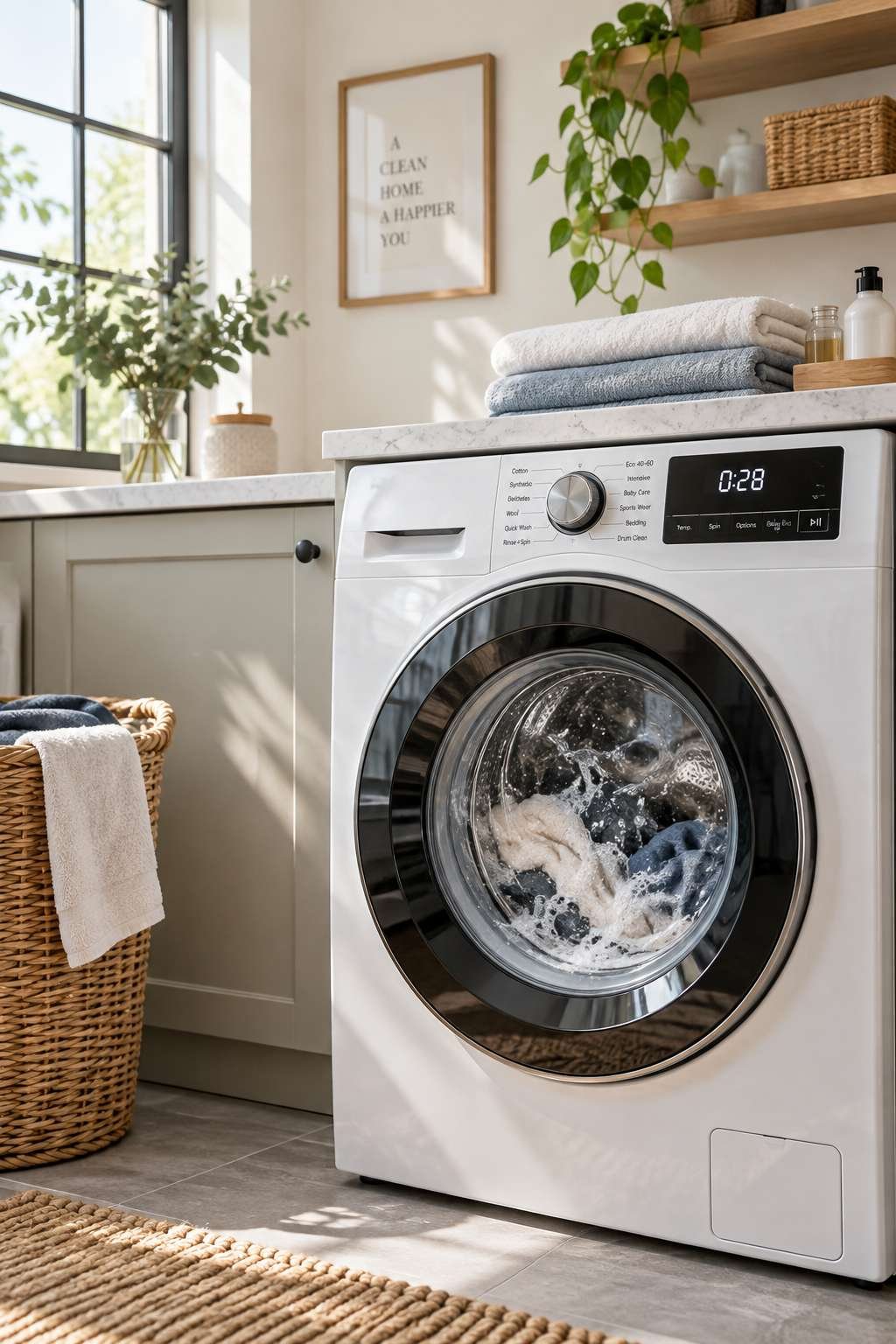Front-load washing machine running a cycle showing how long laundry machine take