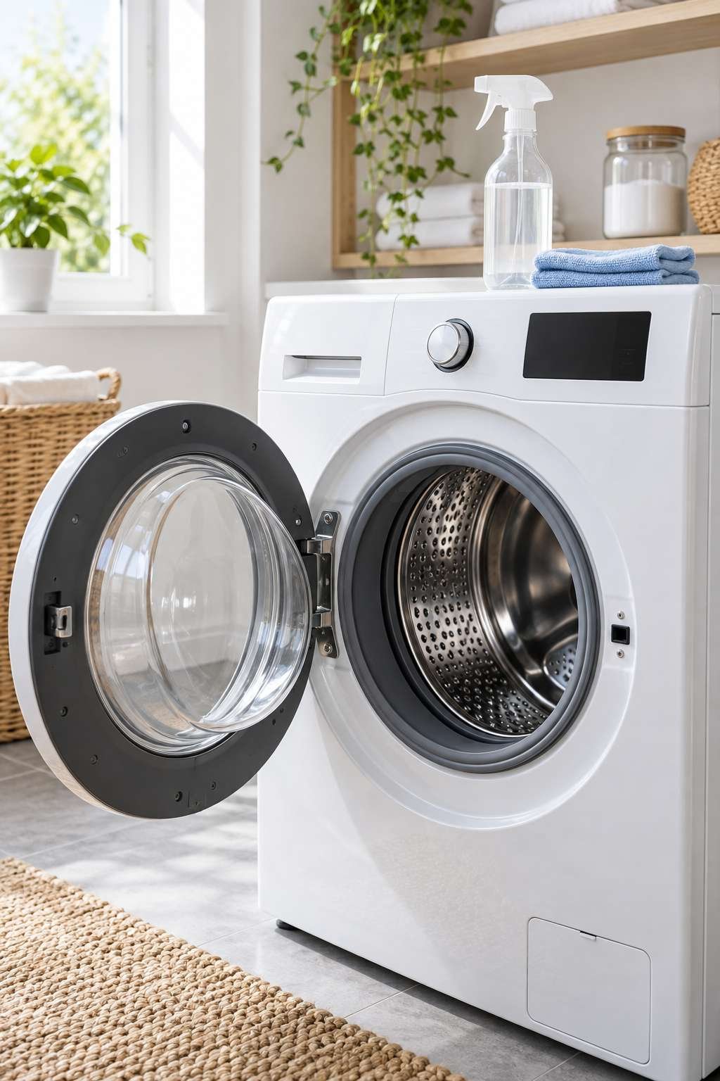 Cleaning supplies beside an open washing machine
