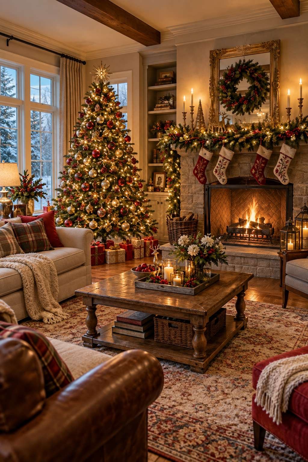 Living room decorated for Christmas with a lit tree and mantel