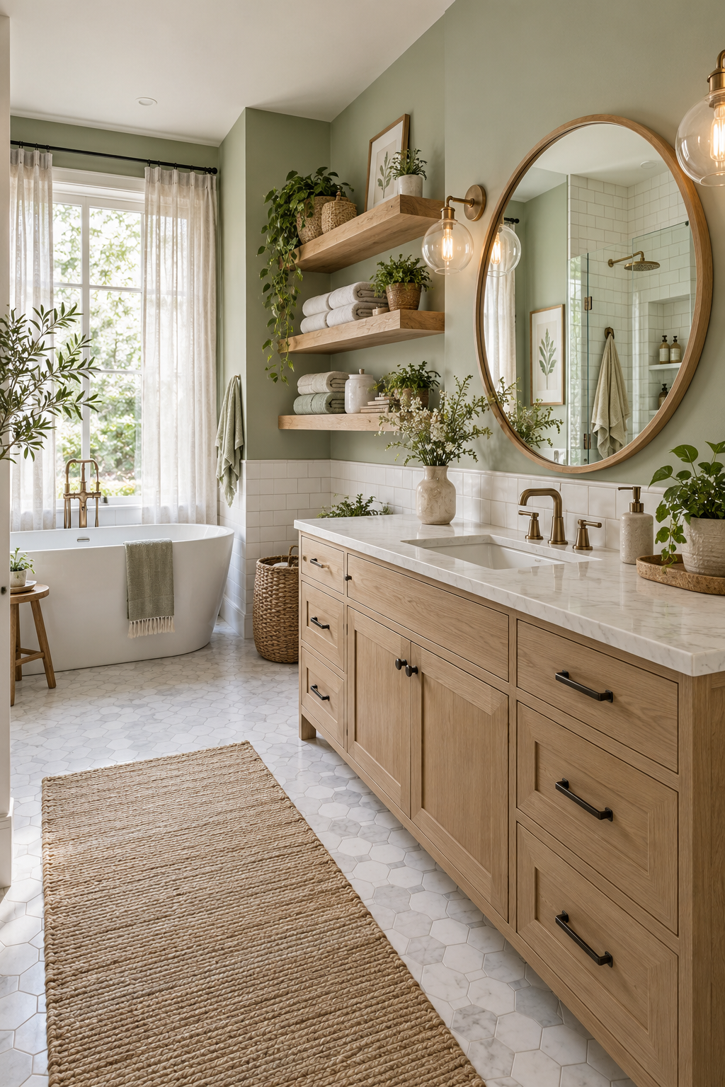 Beautifully decorated modern bathroom in a sage-green and white palette