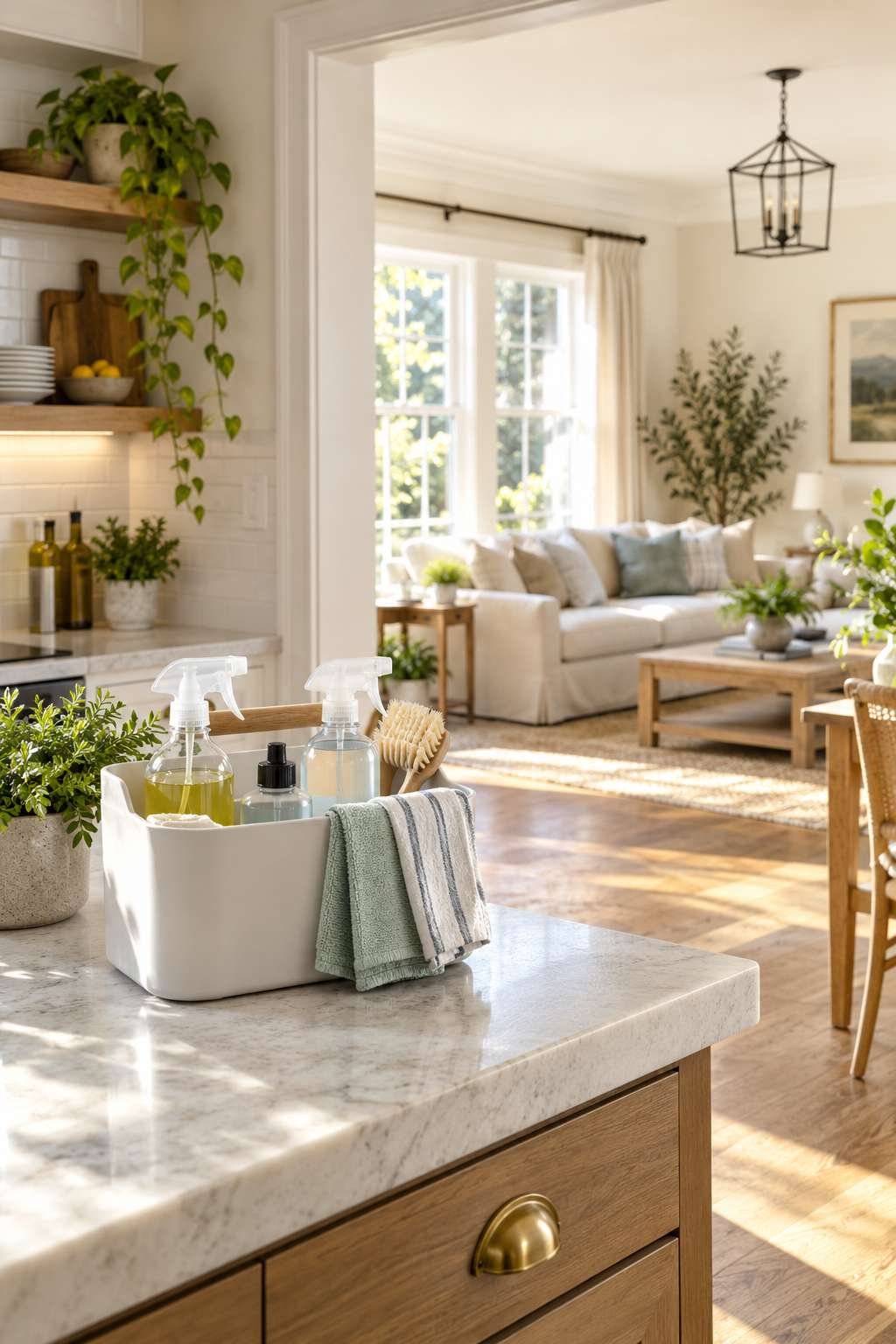 Freshly deep-cleaned home with a cleaning caddy in the foreground