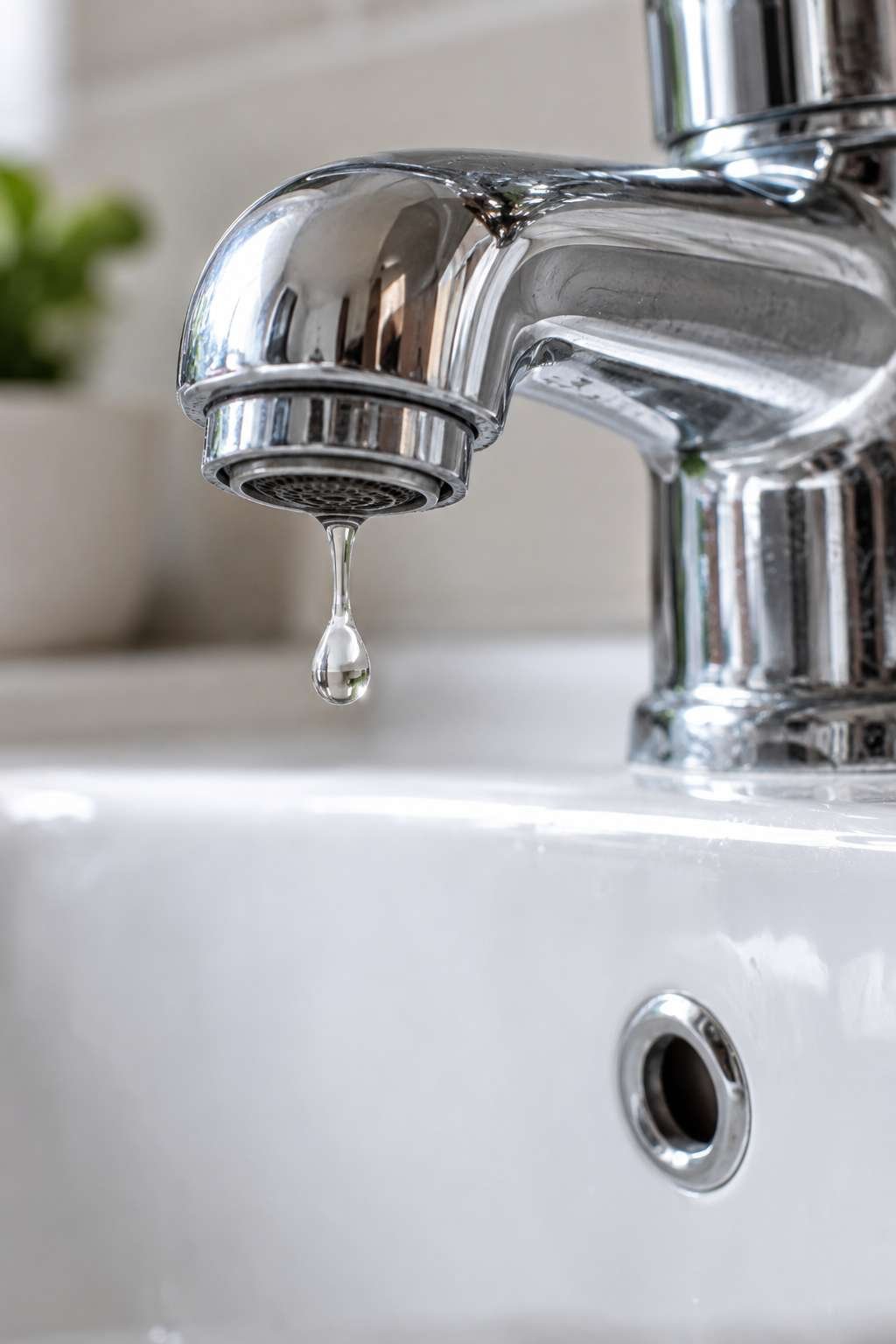Close-up of a dripping bathroom faucet spout