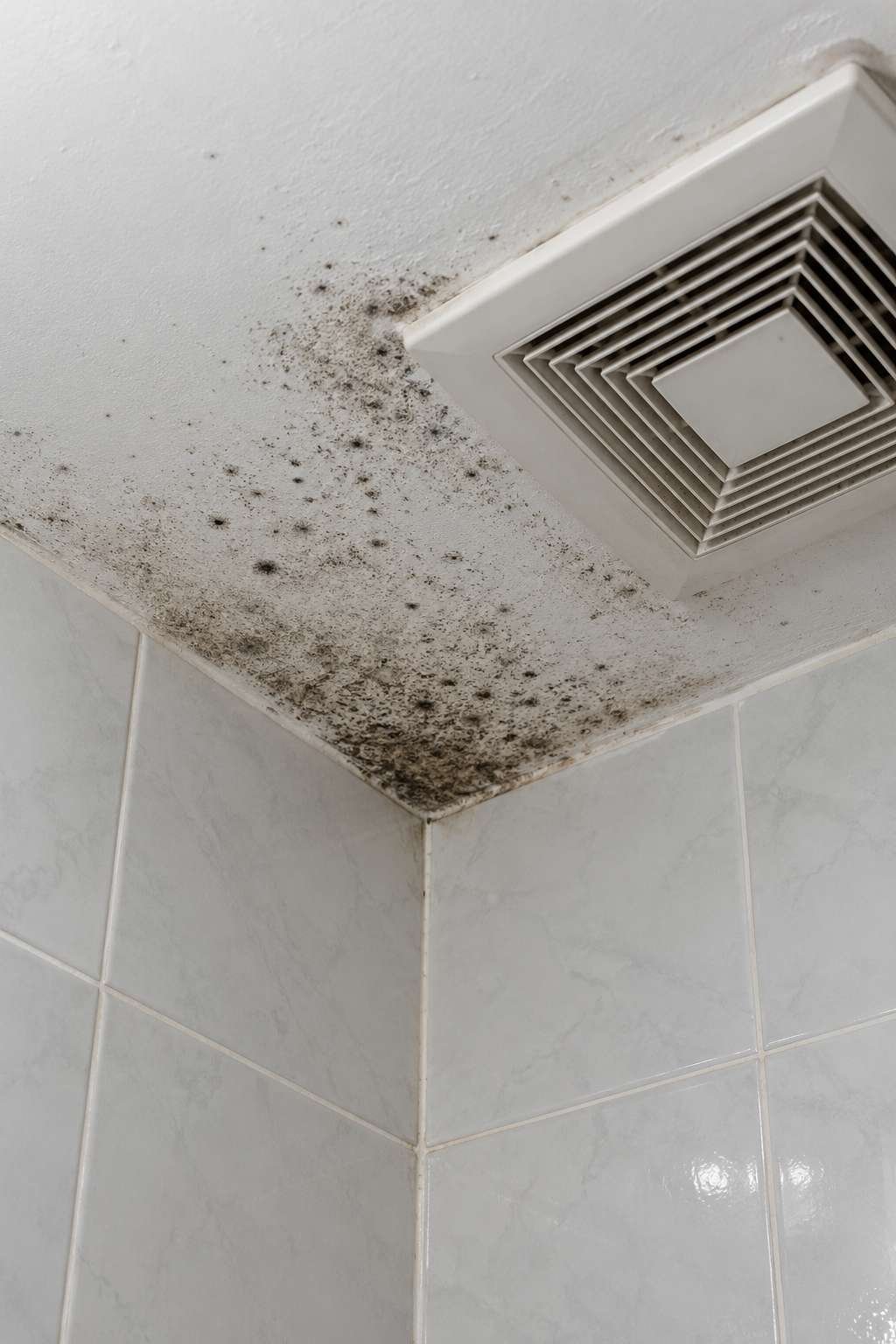 Dark mould spotting on a bathroom ceiling near the exhaust fan