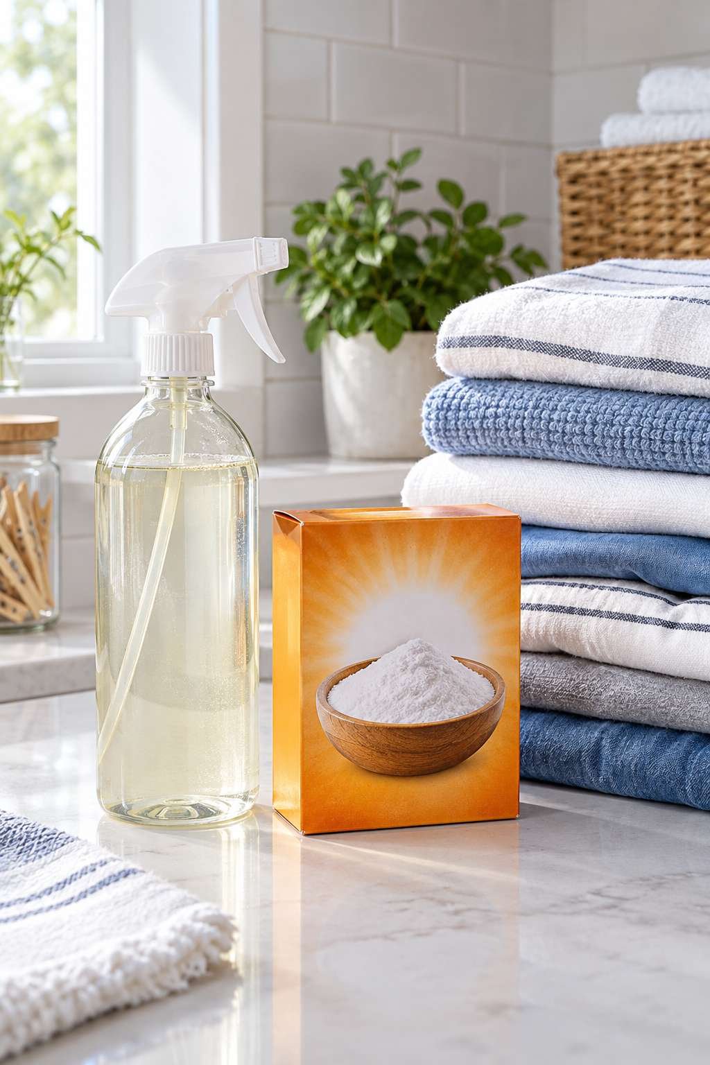 Enzyme cleaner and baking soda beside clean folded laundry