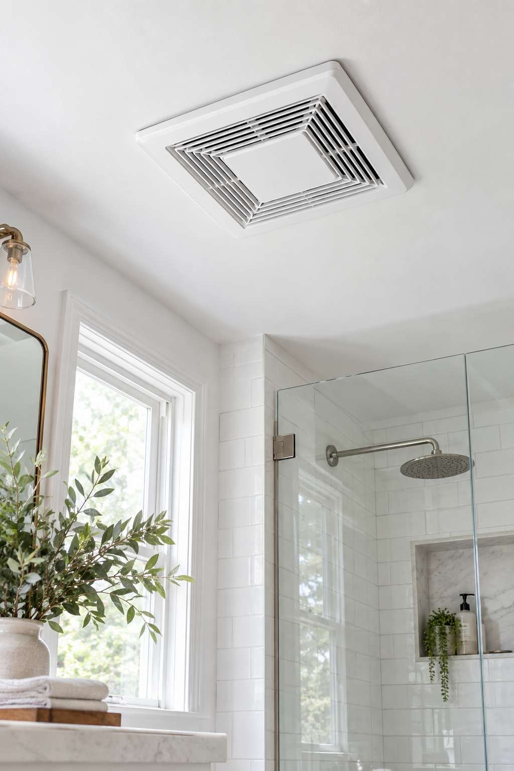 Freshly installed bathroom exhaust fan grille on a ceiling