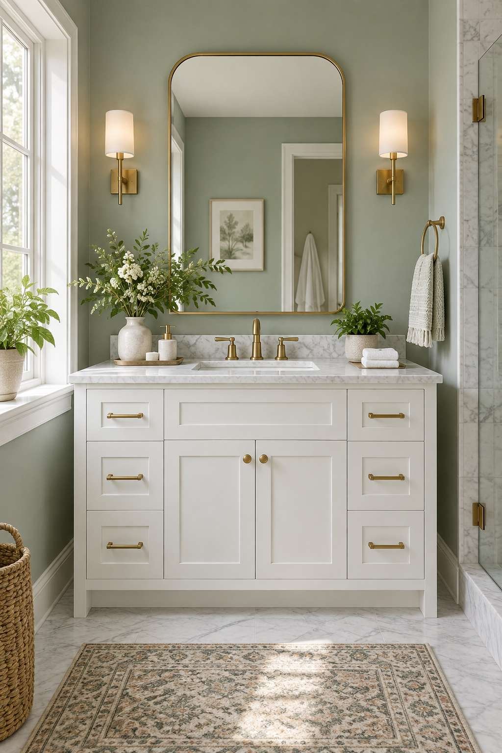 Newly installed white bathroom vanity with marble countertop and brass faucet