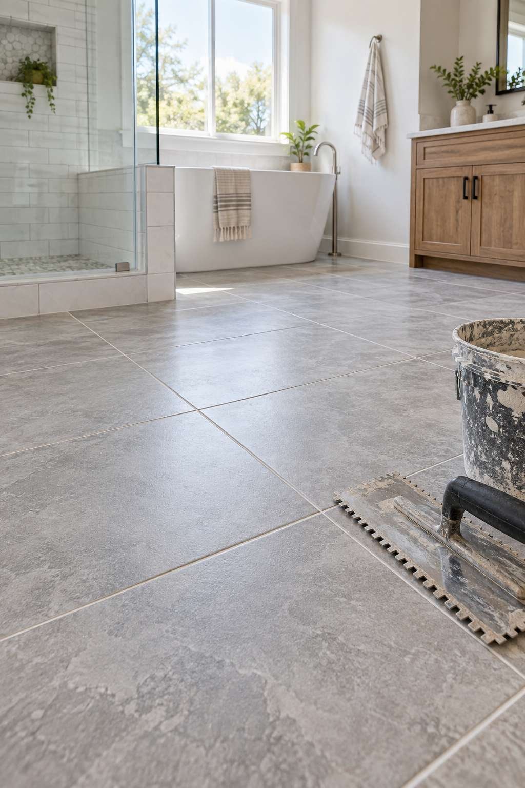 Freshly installed bathroom floor tile with clean grout lines