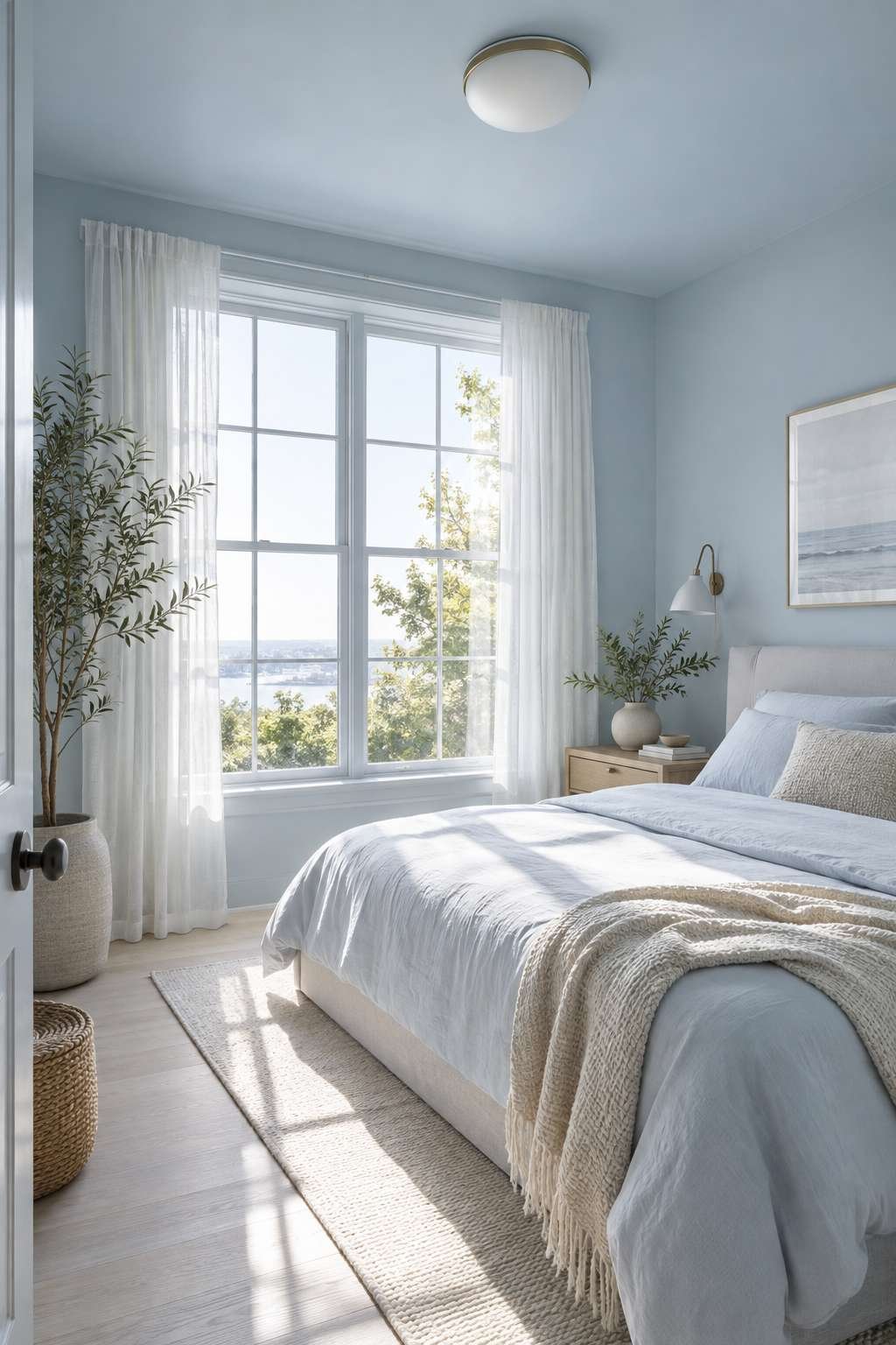 Small bedroom painted pale blue-gray on walls and ceiling to look bigger