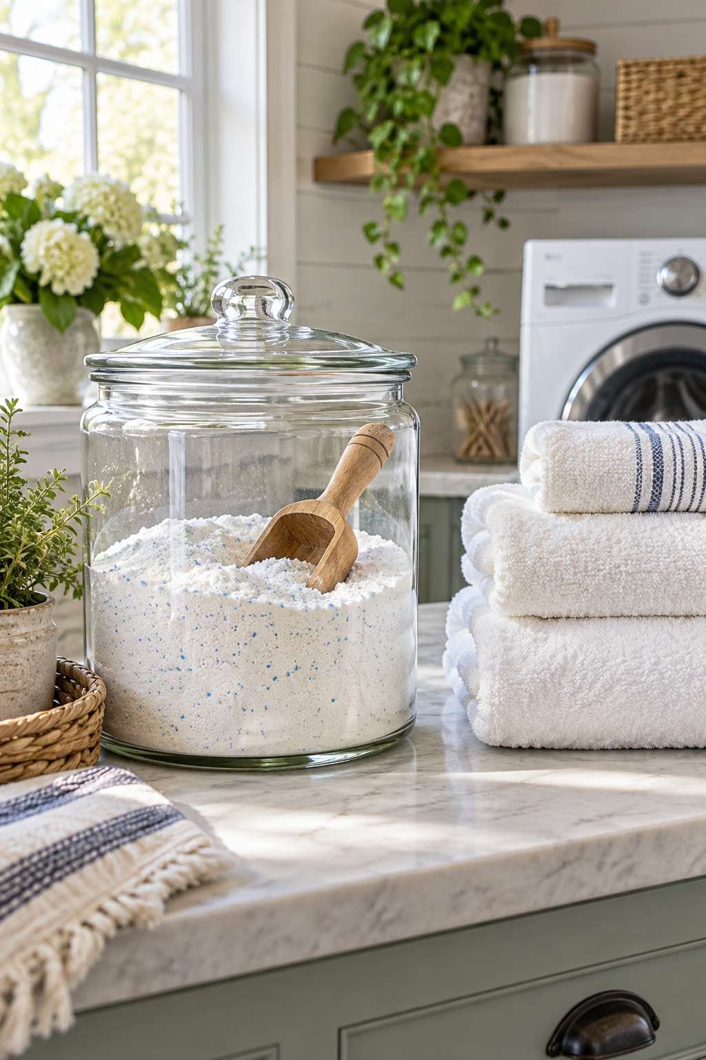 Homemade laundry detergent in a glass jar showing how to make laundry detergent