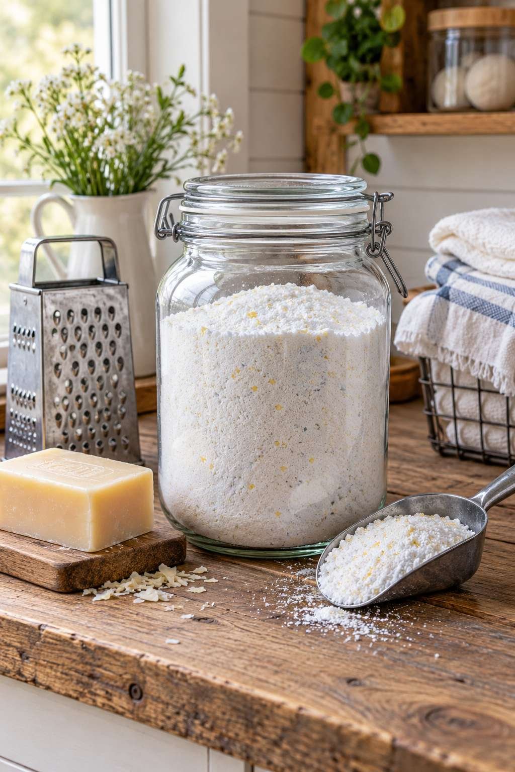 Homemade laundry detergent powder in a glass jar with ingredients