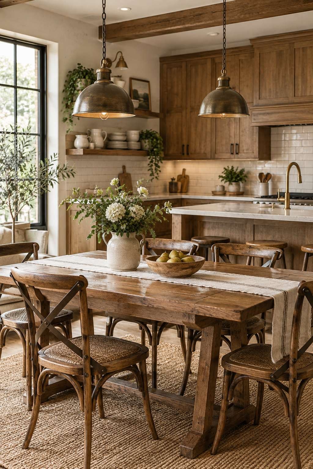 Kitchen dining table coordinated with cabinetry and decor